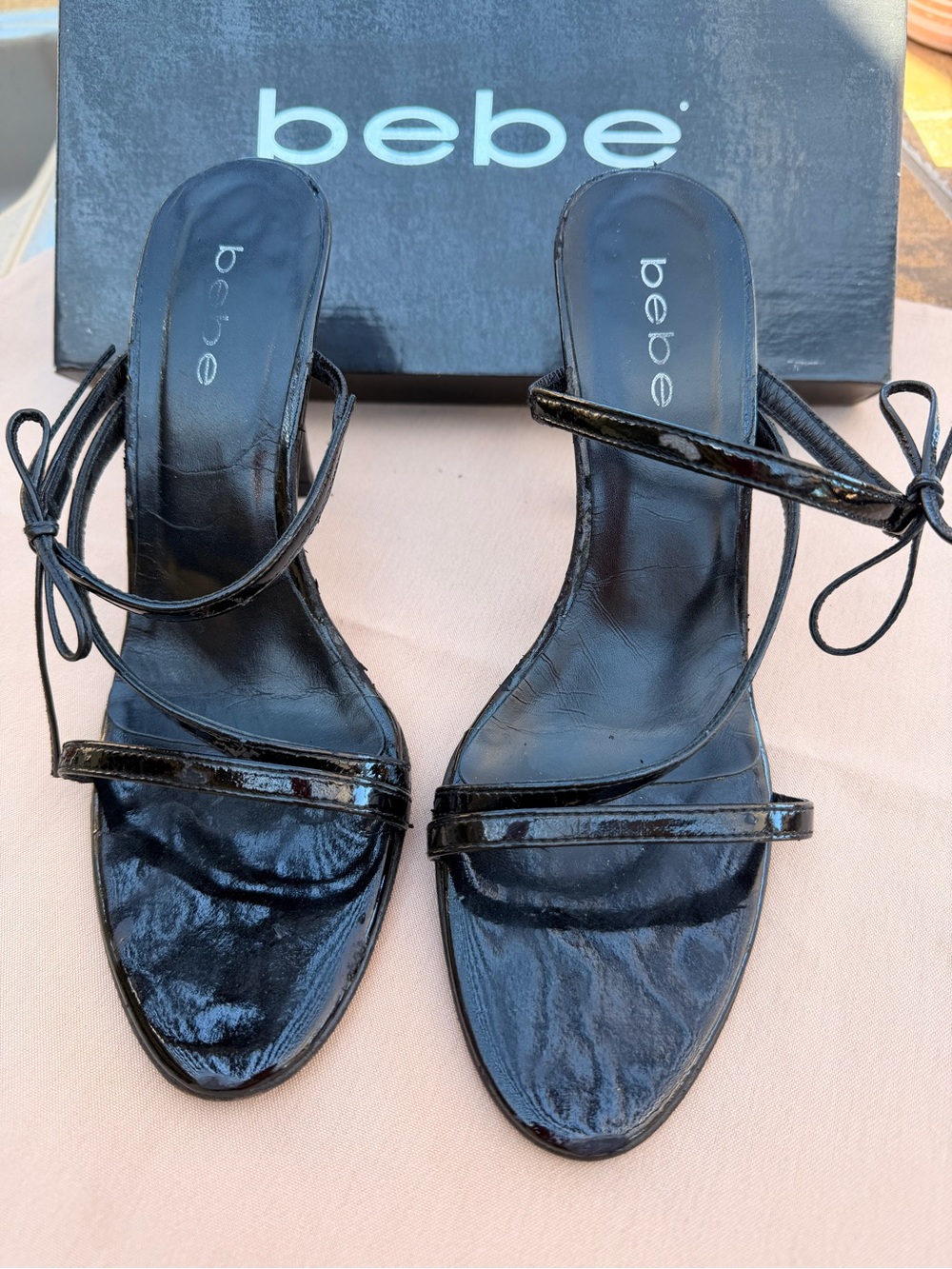 BeBe Women's Black Patent Strappy Heeled Sandals